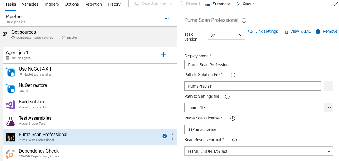 Puma Scan Build Task Configuration